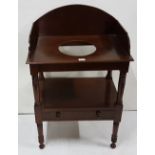 Late 19th C mahogany washstand with basin well and stretcher drawer, 26"w x 38"h, French polished