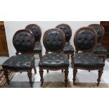 Set of 6 Button Back Victorian heavy mahogany dining chairs on turned front legs with casters,