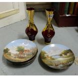 8 x German Collector’s Plates, 1980s rural scenes (C LUCKEL) and pair of modern Italian red/gold