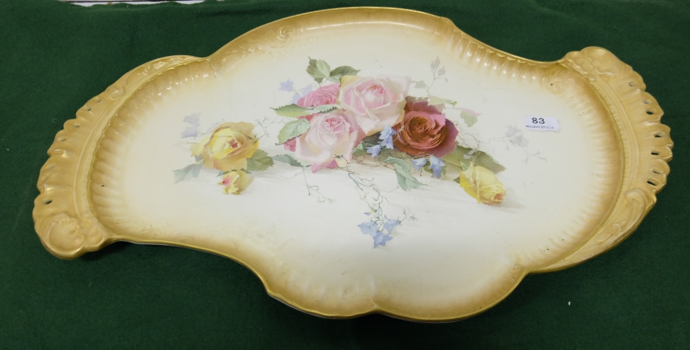 Large Porcelain Scalloped Shaped Ornamental Tray, stamped “Doulton”, hand painted floral scenes –