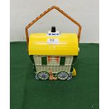 Painted Pottery Jar / Model of a Romany Caravan, with carrying handle and a lid, 8"h