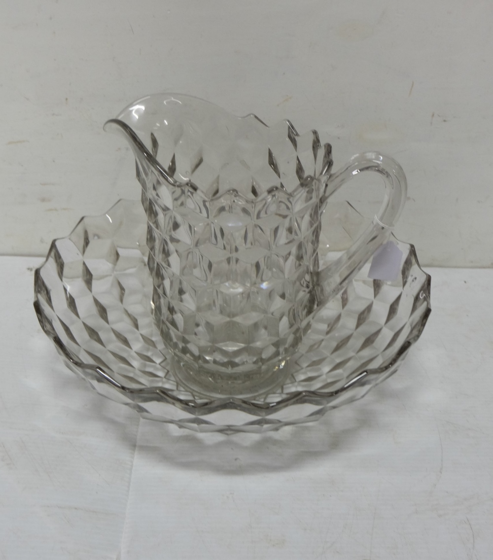 Cut Glass Wash Basin (16”dia) with matching Glass Ewer (no chips),