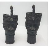Matching Pair of small Benin Tribesmen head busts, wearing pointed headdresses, each 7”h x 3”w