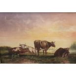 Oil on Canvas – Angus Cattle Grazing in Countryside setting & a Watercolour – Harbourside, signed