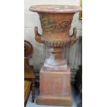 Matching Pair of "Romanesque" Terracotta Urns, side handles, each 25"w x 31"h on similar bases,