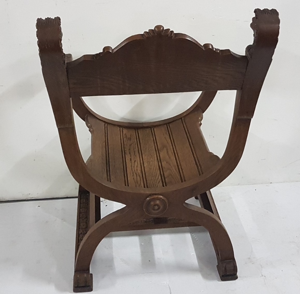 Oak “Throne” Armchair with lion mask finials, with carved panel on C shaped base and carved - Image 2 of 3