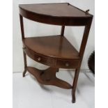 Corner Mahogany Washstand, with hinged lid, stretcher drawer, on sabre legs, 24”w x 32”h