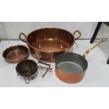 4 Pieces of Copper – Jam Pan, Saucepan, balance scales with two dishes & a small dish (4)