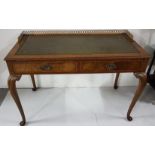 Mahogany Writing Table, brass gallery, green tooled leather top, 2 apron drawers on 4 Queen Anne