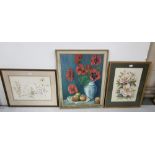 3 floral themed Pictures – 2 watercolours, Welsh Wild Flowers by J Blake, Pink Delight by M