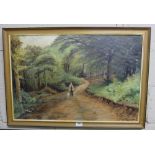 Oil on Canvas, man with dog in forest landscape, framed, 59cm x 85cm