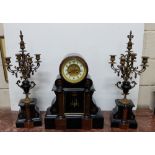 Early 20th C 3 piece French black marble Clock Set, including a mantel clock with red marble inserts