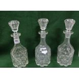 3 x cut glass Crystal Decanters, with stoppers, each 10” high