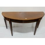 Late 19th C Half Moon mahogany Table, with floral inlay above, tapered legs, 57"w x 22.5"d