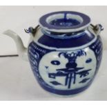 Large Blue and White Oriental Style Teapot, with a carrying handle (chip to spout), 20cmH x 28cmW