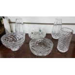 6 Pieces Waterford Cut Crystal incl. one matching pair of Vases, a single vase and 3 bowls (6)