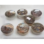 7 paste jars with decorative pot lids – 2 x Village Wedding, 2 x Shakespeare, fishing scene etc