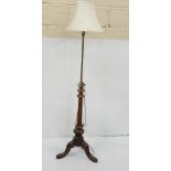 Brass and Mahogany Standard Lamp (telescopic), on a tripod base, cream shade, 1.44 cm h