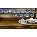 2 shelves of Antique Blue and White Plates – Spode Italian Landscapes, pair small tureens, large