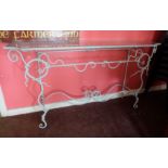 Wrought Iron Console Table, with a shaped bevelled glass top, painted green, 1.7m w x 0.9m h