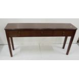 Long Mahogany low sized 3-Drawer Side Table, tapered legs, 1.38cm wide by 0.7 cm high