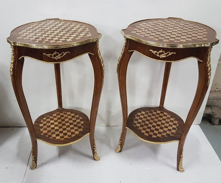 Matching pair of Continental walnut Occasional Tables with chequered design top and stretcher - Image 2 of 2