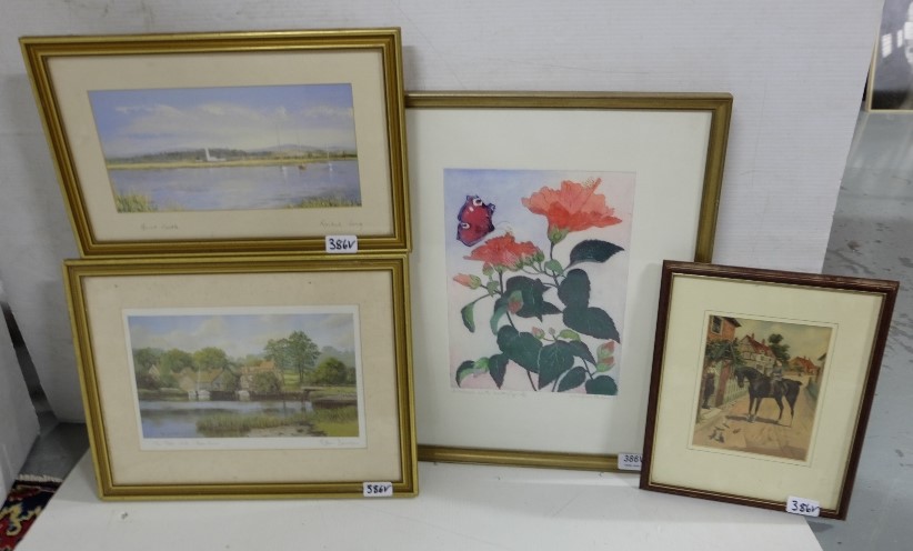 3 x Prints - "The Tide Mill - Beauleau", Robin Davidson, "Hurst Castle", Rachel Long, "Hibiscus with