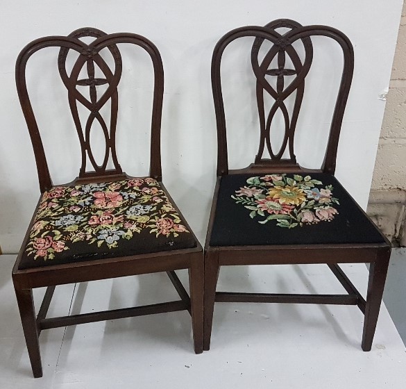 Matching Pair of Mahogany Late 19thC Period Dining Chairs, curved top rails over splat backs, floral