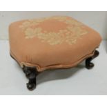 Victorian Cabriole leg Foot Stool, red fabric upholstered top, 33cm x 29cm