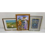 3 x framed pictures, acrylic on canvas of country scene with donkeys and musicians, signed