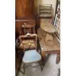 7 pieces of old Pine – small Cupboard, Filing Box, Cutlery Tray & 2 x pine coffee tables, chair with