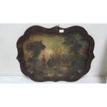 19th Toleware Tray, painted with early 19thC Scene – tall ships along a river with trees in the