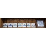 6 x similar sized Dutch tiles - windmills, farm workers, buildings, each 13cm sq approx, one red/