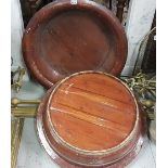 Pair of large Chinese wooden circular Rice Bowls with brass banding (one with top rim damaged), each
