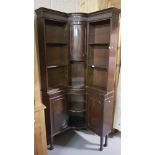 A Mahogany corner display cabinet with 2 cupboards, with adjustable shelves, 1m wide x 1.98m high