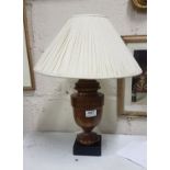 Turned mahogany Table Lamp with chequer inlay (electric) with shade