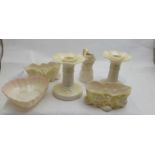 7 Modern Belleek Pieces – set of 3 candlesticks, jug, 3 bowls