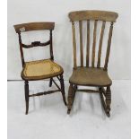 Elm wooden Rocking Chair, no arms, 99cm h and a Rosewood Single Chair with cane seat, bobbin