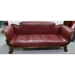 19thC Mahogany Framed Settee, with a scrolled top rail and scrolled feet, possibly Irish, by