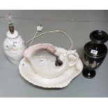 Shell shaped porcelain bowl, 45cm x 37cm and matching shell shaped jug, a Fluted Vase - black ground