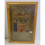 Late Victorian Needlepoint Sampler, alphabet, castle, Psalm, 70cm x 42cm in later pine frame