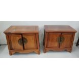 Matching Pair Bedside Lockers, Oriental style with brass handle plates, 2 interior drawers and