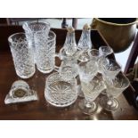 Group of Waterford Glass items – pair of Low Vases, 4 x Sherry Glasses, pair of Cruets, miniature