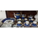 2 x Aynsley fluted edged blue/white bowls, 23cm square and a 15-piece Aynsley blue/gold coffee set