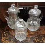 4 Cut Crystal Items – Pair of Water Jugs with Lids & 2 Biscuit Jars with Lids (4) (as new)