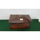 Late 19th C mahogany table Teapoy with hinged lid and 3 compartments inside (damage to veneer), 34cm