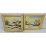 A pair of oils on board, winter landscapes, 24cm x 29cm, in linen lined frames,