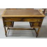 1920s Oak Kneehole Writing Desk, raised bobbin mouldings, brown leatherette top, 4 drawers, on
