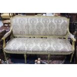 Continental carved wood frame Settee, gold with green hues on 4 turned front legs, beige floral
