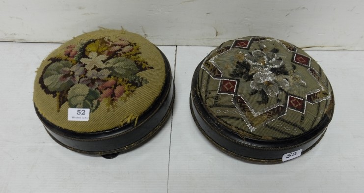 Pair of Victorian pine Footstools, brass beaded borders, tapestry tops, ebonised (one rim